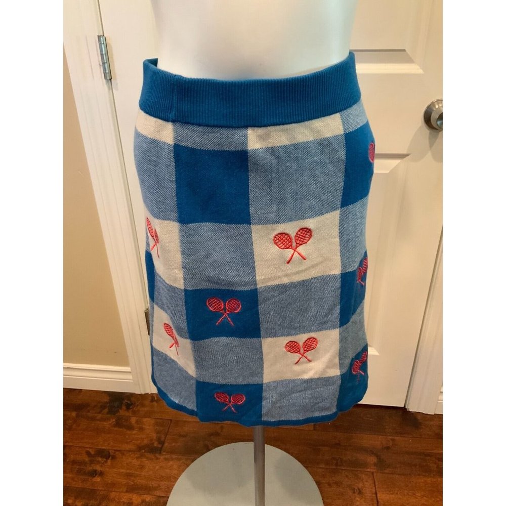 Pepaloves Blue & White Plaid Raquet Embroidered Knit Pencil Skirt, Size M NWT!